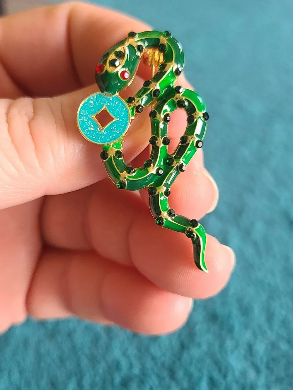 Vintage Green Enamel Snake Brooch with Turquoise Accent